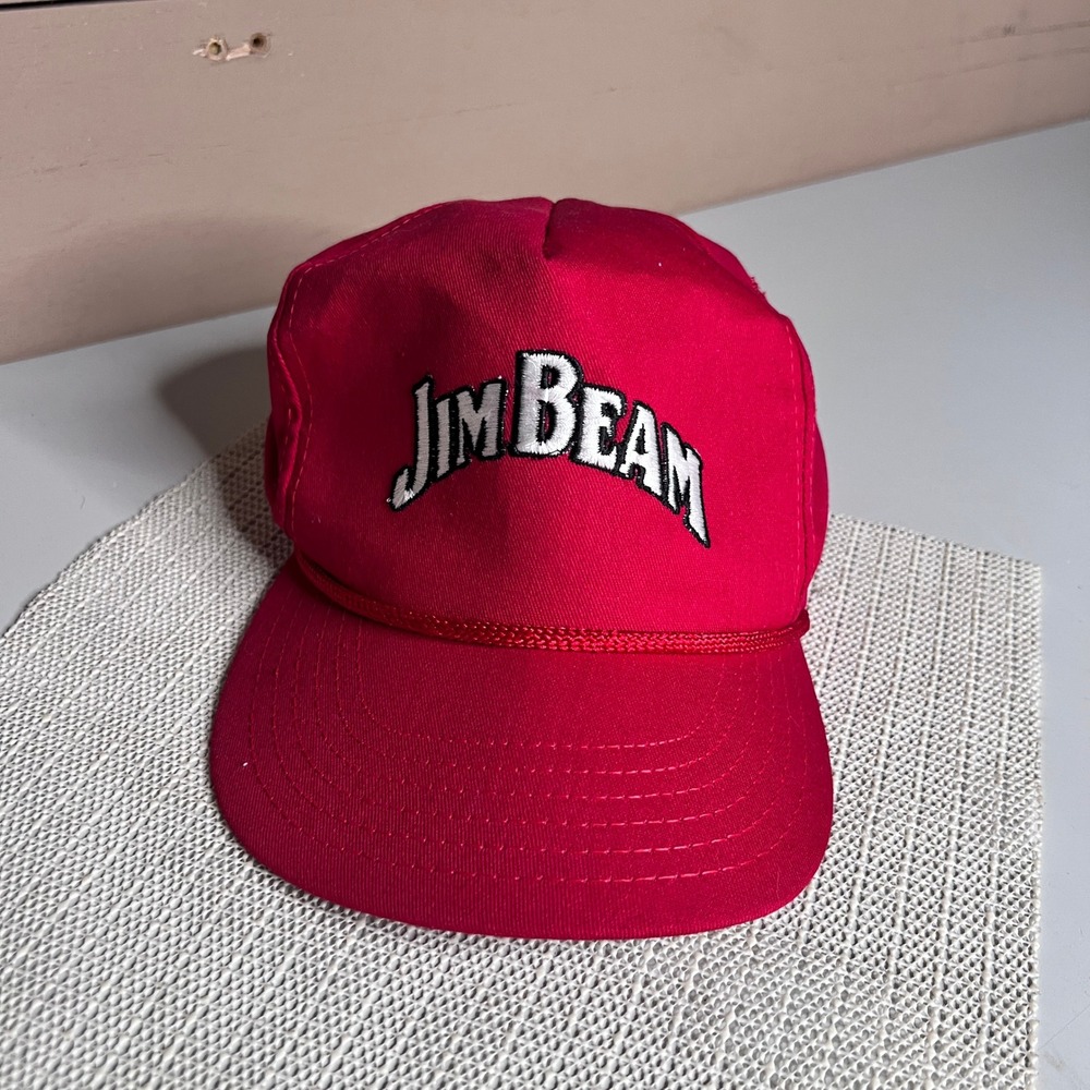 Vintage Jim Beam Hat Red Rope Cap Made in USA Leather Strap Adjustable Baseball